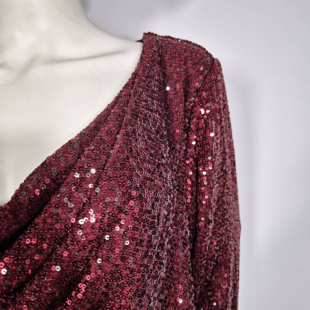 Alex Evenings Women's Size 2X Red Sequined Cowl Neck Blouse Tunic Top Plus (46) - Picture 7 of 14